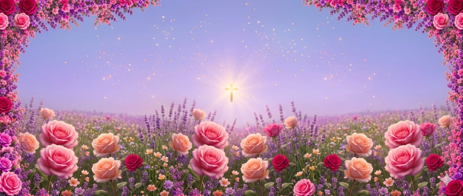 Radiant cross over a field of roses